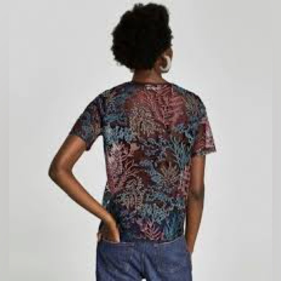Zara WB Women’s Size S Black Mesh Floral Embroidered Tulle Sheer Top - Picture 2 of 8